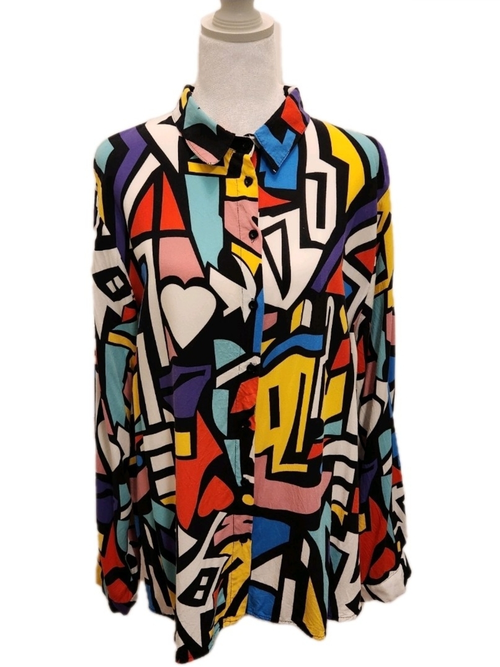 Big Dart Abstract Multi-Color Long-Sleeve Button-Up Blouse Wearable Art Chic